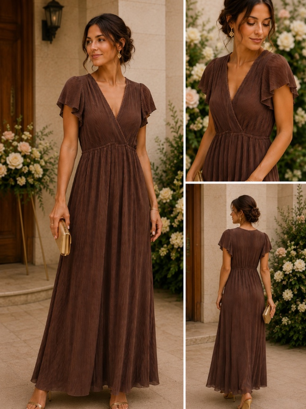 Baltic Born maxi dress XS chocolate brown flutter sleeve pleated wedding guest